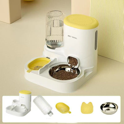 2-in-1 Automatic Cat Feeder and Water Dispenser for Pets, Compatible with Cats and Dogs, Yellow.