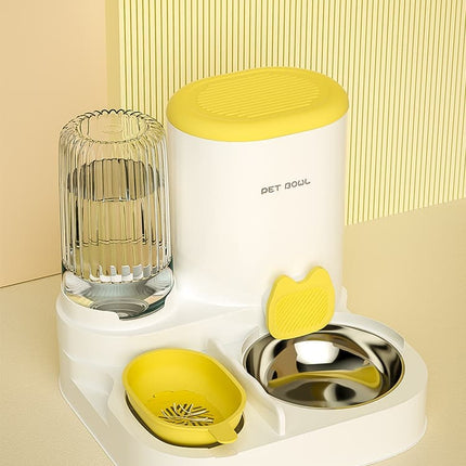 2-in-1 Automatic Cat Feeder and Water Dispenser for Pets, Compatible with Cats and Dogs, Yellow.