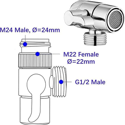 Kitchen Faucet Diverter Valve with Skimmer T-pipe Adapter for Hand Shower, Compatible with M22 M24 G1/2 Connections.
