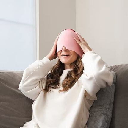 Cooling Migraine Cap with Gel Eye Mask for Headache Relief and Sleep Aid, Blue.