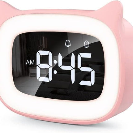 Digital LED Alarm Clock with Silent Operation, 5 Volume Levels, 5-Color Night Light, 18 Natural Sounds, Adjustable Brightness and Snooze Function, Pink.