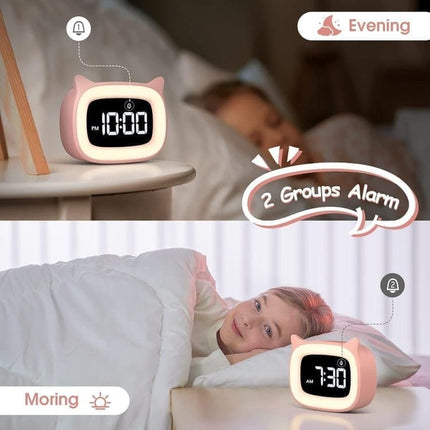 Digital LED Alarm Clock with Silent Operation, 5 Volume Levels, 5-Color Night Light, 18 Natural Sounds, Adjustable Brightness and Snooze Function, Pink.