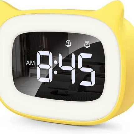 Yellow Digital LED Alarm Clock with Silent Operation, 5 Volume Levels, 5-Color Night Light, 18 Natural Sounds, Adjustable Brightness and Snooze Function.