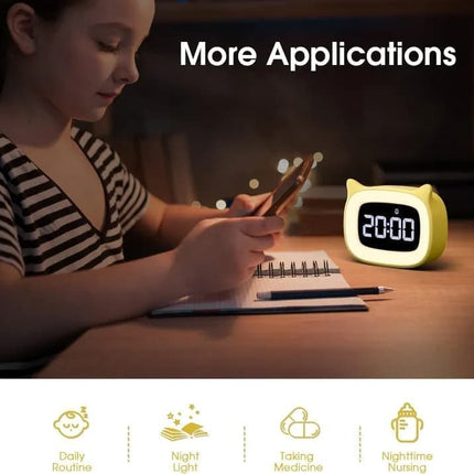 Yellow Digital LED Alarm Clock with Silent Operation, 5 Volume Levels, 5-Color Night Light, 18 Natural Sounds, Adjustable Brightness and Snooze Function.