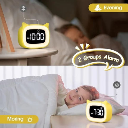 Yellow Digital LED Alarm Clock with Silent Operation, 5 Volume Levels, 5-Color Night Light, 18 Natural Sounds, Adjustable Brightness and Snooze Function.