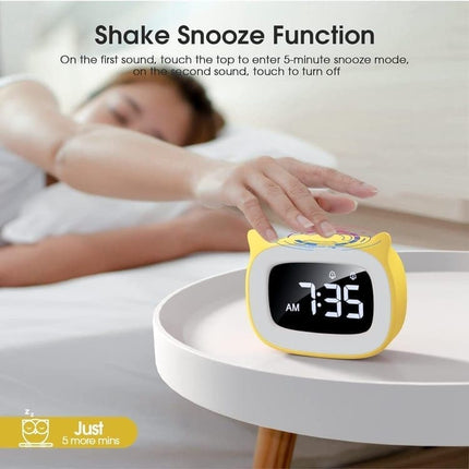Yellow Digital LED Alarm Clock with Silent Operation, 5 Volume Levels, 5-Color Night Light, 18 Natural Sounds, Adjustable Brightness and Snooze Function.