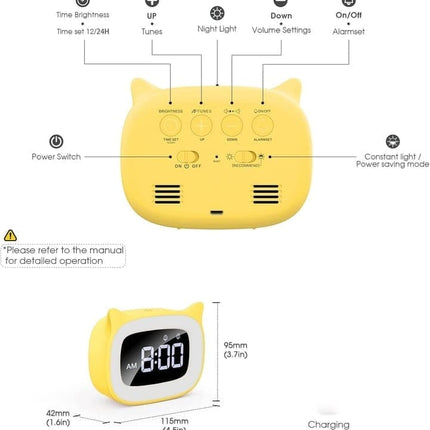 Yellow Digital LED Alarm Clock with Silent Operation, 5 Volume Levels, 5-Color Night Light, 18 Natural Sounds, Adjustable Brightness and Snooze Function.