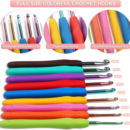 58-piece crochet hook set with ergonomic handles and yarn, includes crochet bag, 12cm.