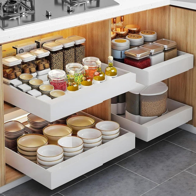 1 Layer Adjustable Metal Storage Shelf for Cabinets, Telescopic Drawer Pull-Out, Compatible with Kitchen Cabinet, 32–52 x 42 x 7.5 cm.