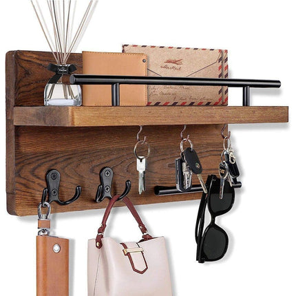 7-Hook Wall Mounted Wooden Key Holder with Storage Tray, 30 cm, for Hallway Corridor Bedroom & Office.