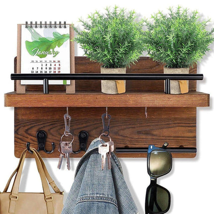 7-Hook Wall Mounted Wooden Key Holder with Storage Tray, 30 cm, for Hallway Corridor Bedroom & Office.