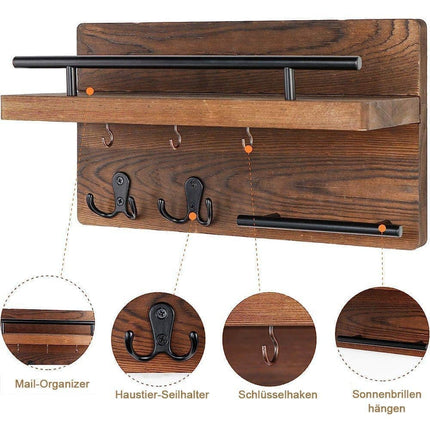 7-Hook Wall Mounted Wooden Key Holder with Storage Tray, 30 cm, for Hallway Corridor Bedroom & Office.