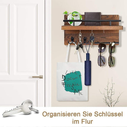 7-Hook Wall Mounted Wooden Key Holder with Storage Tray, 30 cm, for Hallway Corridor Bedroom & Office.