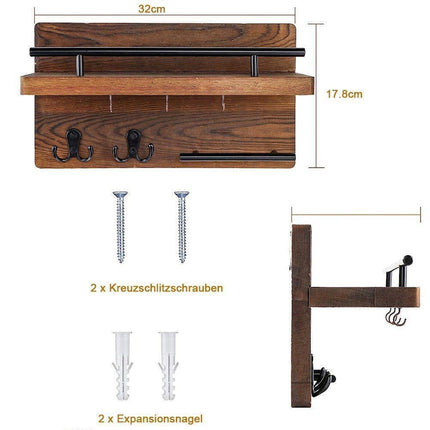 7-Hook Wall Mounted Wooden Key Holder with Storage Tray, 30 cm, for Hallway Corridor Bedroom & Office.