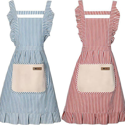 2-Pack Women's Cotton Linen Blend Kitchen Apron with Adjustable Straps and Lace Pocket, Pink.