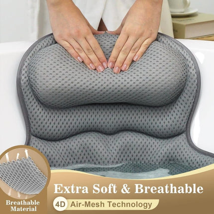 6 Suction Cups Bathtub Cushion with Ergonomic Neck and Back Support 4D Air Mesh, Gray.