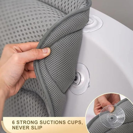 6 Suction Cups Bathtub Cushion with Ergonomic Neck and Back Support 4D Air Mesh, Gray.