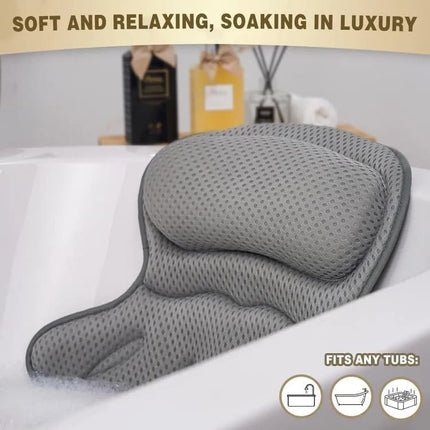 6 Suction Cups Bathtub Cushion with Ergonomic Neck and Back Support 4D Air Mesh, Gray.