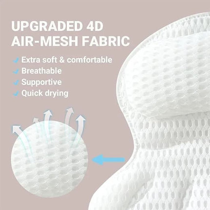 6 Suction Cups Bathtub Cushion with Ergonomic Neck and Back Support 4D Air Mesh, White.