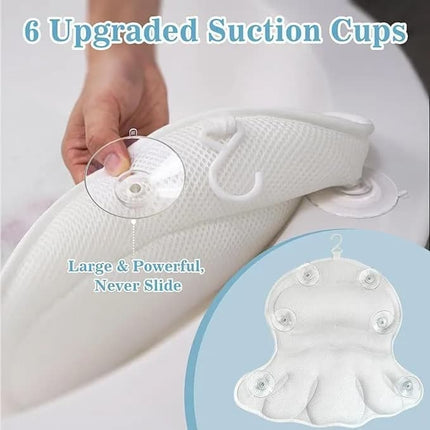 6 Suction Cups Bathtub Cushion with Ergonomic Neck and Back Support 4D Air Mesh, White.
