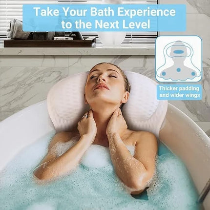 6 Suction Cups Bathtub Cushion with Ergonomic Neck and Back Support 4D Air Mesh, White.