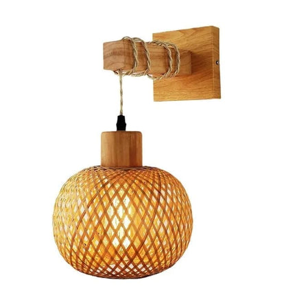 Bamboo wall lamp with lantern shape hand-woven lampshade, E26 lamp base, compatible with bedrooms and living rooms.
