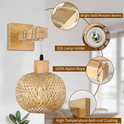 Bamboo wall lamp with lantern shape hand-woven lampshade, E26 lamp base, compatible with bedrooms and living rooms.