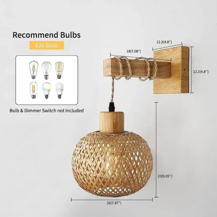 Bamboo wall lamp with lantern shape hand-woven lampshade, E26 lamp base, compatible with bedrooms and living rooms.