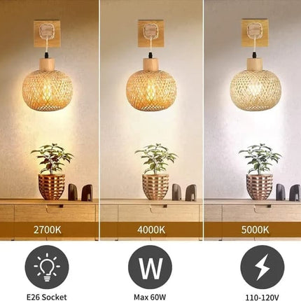 Bamboo wall lamp with lantern shape hand-woven lampshade, E26 lamp base, compatible with bedrooms and living rooms.