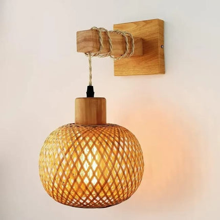 Bamboo wall lamp with lantern shape hand-woven lampshade, E26 lamp base, compatible with bedrooms and living rooms.
