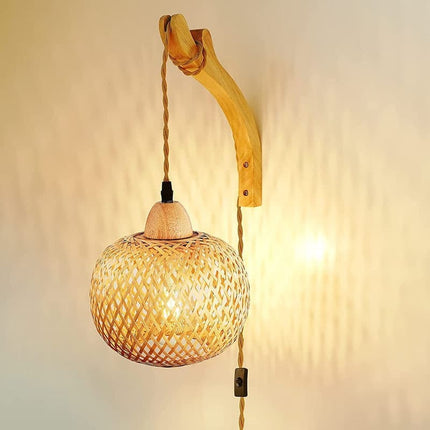 Bamboo wall lamp with lantern shape hand-woven lampshade, E26 lamp base, compatible with bedrooms and living rooms.