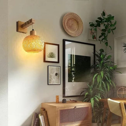 Bamboo wall lamp with lantern shape hand-woven lampshade, E26 lamp base, compatible with bedrooms and living rooms.