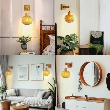Bamboo wall lamp with lantern shape hand-woven lampshade, E26 lamp base, compatible with bedrooms and living rooms.