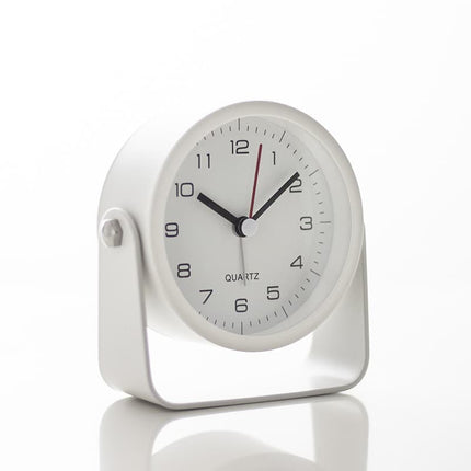 Silent Analog Alarm Clock with Night Light Adjustable Angle for Travel Nightstand Bedroom, White, Metal.