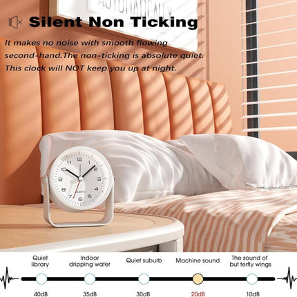 Silent Analog Alarm Clock with Night Light Adjustable Angle for Travel Nightstand Bedroom, White, Metal.