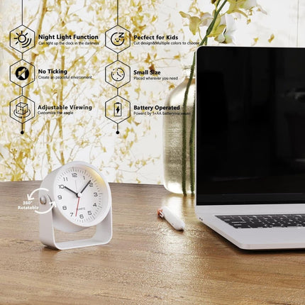Silent Analog Alarm Clock with Night Light, Adjustable Angle for Travel Nightstand Bedroom, Black, 3.5 inches.
