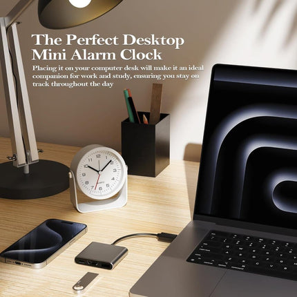 Silent Analog Alarm Clock with Night Light, Adjustable Angle for Travel Nightstand Bedroom, Black, 3.5 inches.