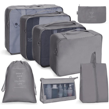 8-Piece Lightweight Water Resistant Travel Organizer for Bags, Gray.