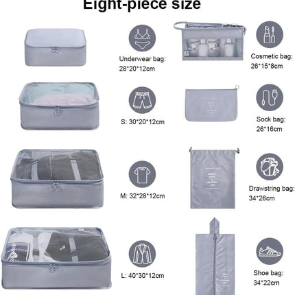 8-Piece Lightweight Water Resistant Travel Organizer for Bags, Gray.