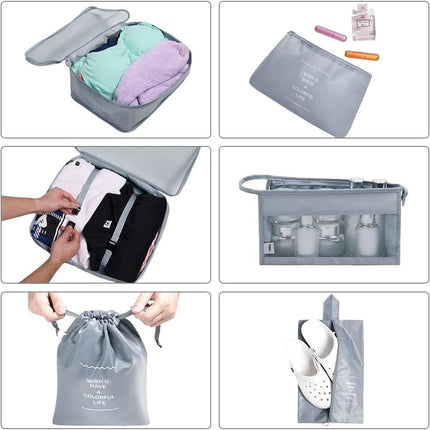 8-Piece Lightweight Water Resistant Travel Organizer for Bags, Gray.