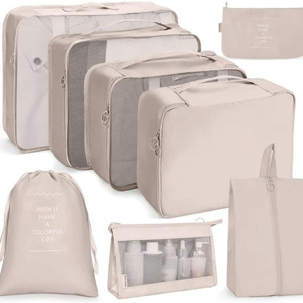 8-Piece Lightweight Water Resistant Travel Organizer for Bags, Beige.