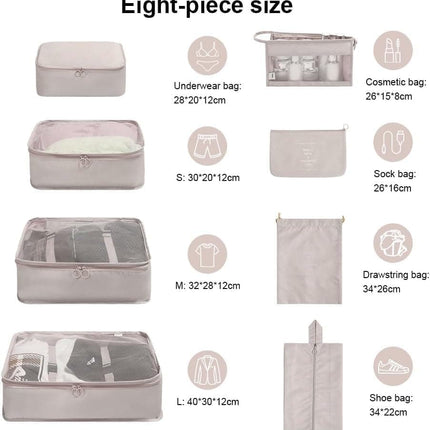 8-Piece Lightweight Water Resistant Travel Organizer for Bags, Beige.
