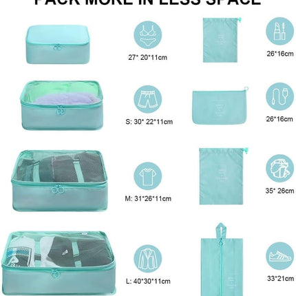 8-Piece Water Resistant Lightweight Travel Organizer for Bags, Blue.