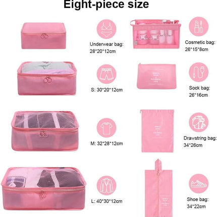 8-Piece Lightweight Water Resistant Travel Organizer for Bags, Pink.