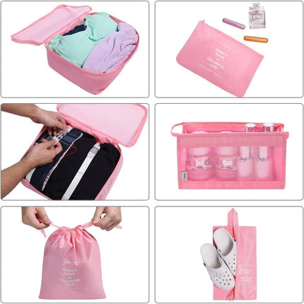 8-Piece Lightweight Water Resistant Travel Organizer for Bags, Pink.