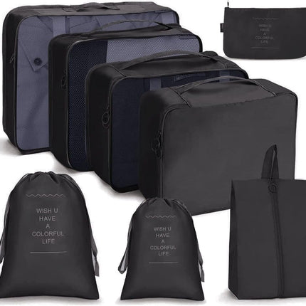 8-Piece Water Resistant Lightweight Travel Organizer for Bags, Black.