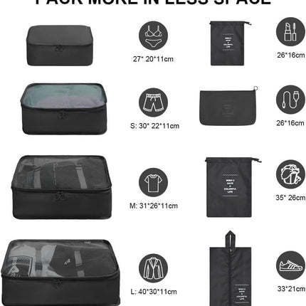 8-Piece Water Resistant Lightweight Travel Organizer for Bags, Black.