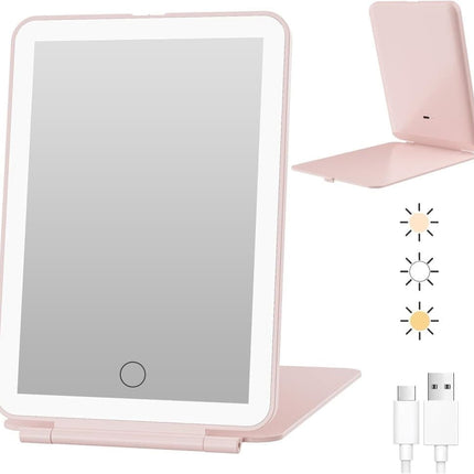Rechargeable Portable Foldable Makeup Mirror with 3 Color Modes Adjustable Lighting.