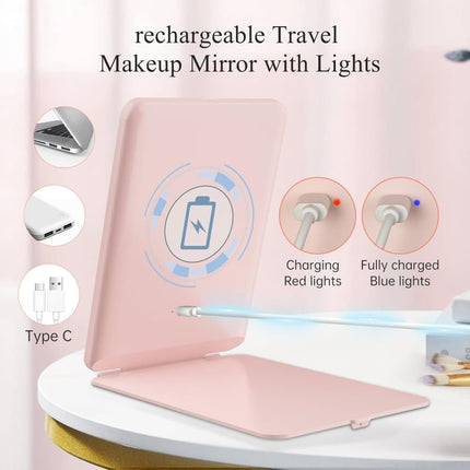 Rechargeable Portable Foldable Makeup Mirror with 3 Color Modes Adjustable Lighting.