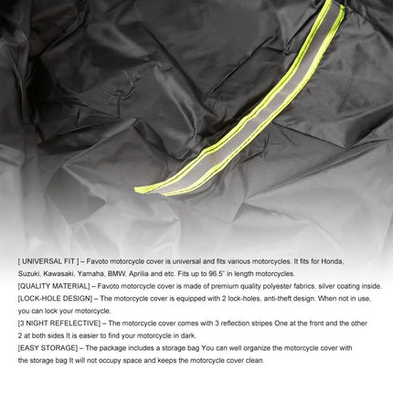 1x Waterproof Motorcycle and Moped Cover with Reflective Strips, Rain UV Dust Resistant Black, 245x105x125cm.